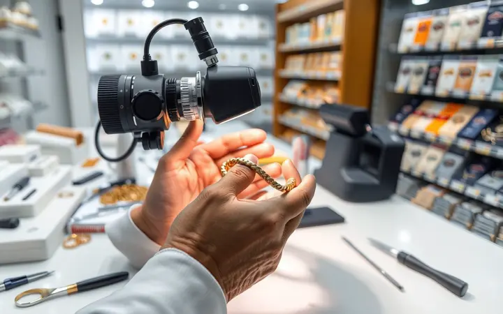 珠宝技师检查黄金手镯工艺细节
