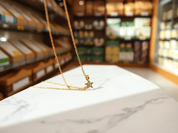 黄金锁骨链特写，展示链节纹理和星形吊坠细节