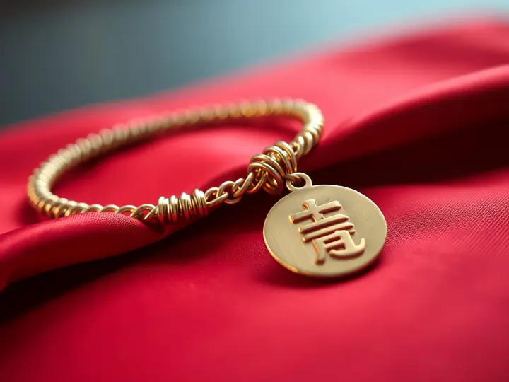 金卓缘福字吊坠与足金手镯，红色丝绸背景
